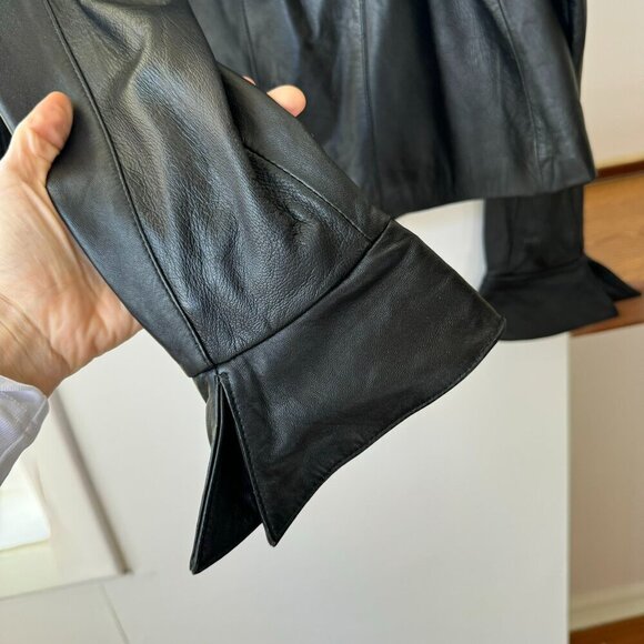 Vintage Leather Jacket Zip Up Collared Flare Cuffs in Black - Picture 8 of 13